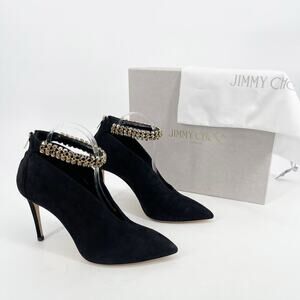 NWB Jimmy Choo Lux 100 Black Suede Gold Crystal Ankle Strap Vamp Bootie IT 41